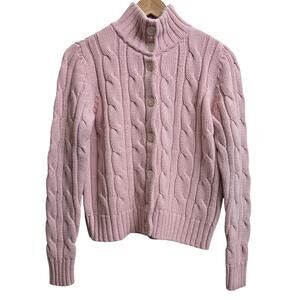 Chaps Womens Y2K Prep Classic Academia Pink Chunky Cable Knit Cardigan Sweater L